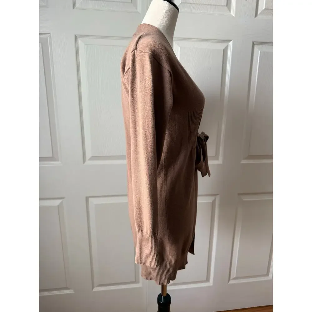 Joseph A Brown Cotton Wool Blend Belted Long Cardigan Sweater Medium Minimalist